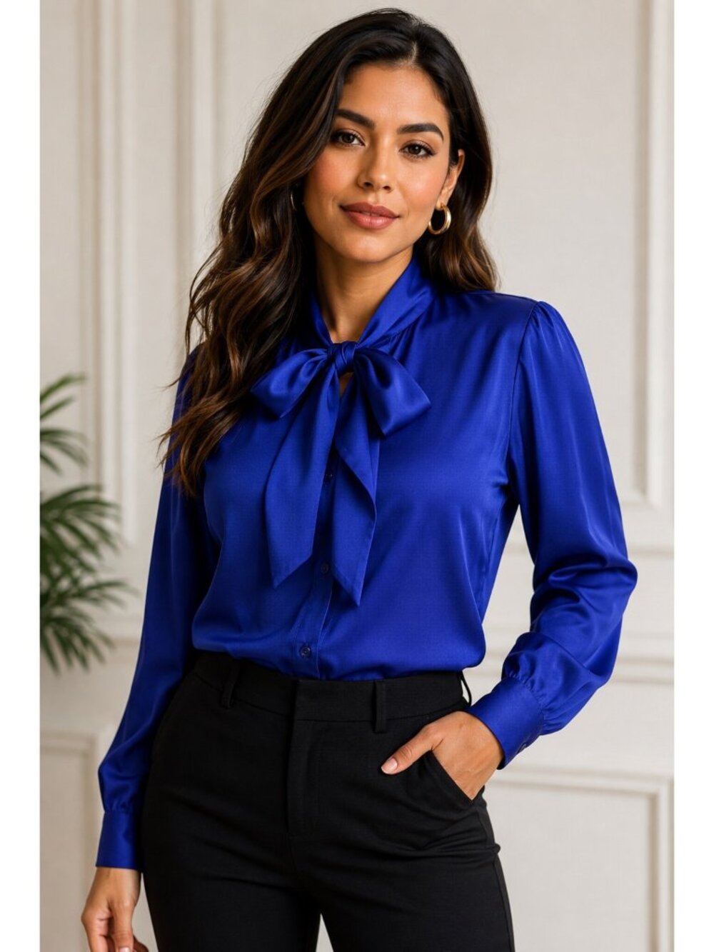 Savane Royal International Blue Bow Tie Neck Blouse Womens Size 14 Satin Career